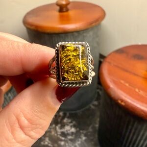 Elegant Sterling Silver Green Amber Ring